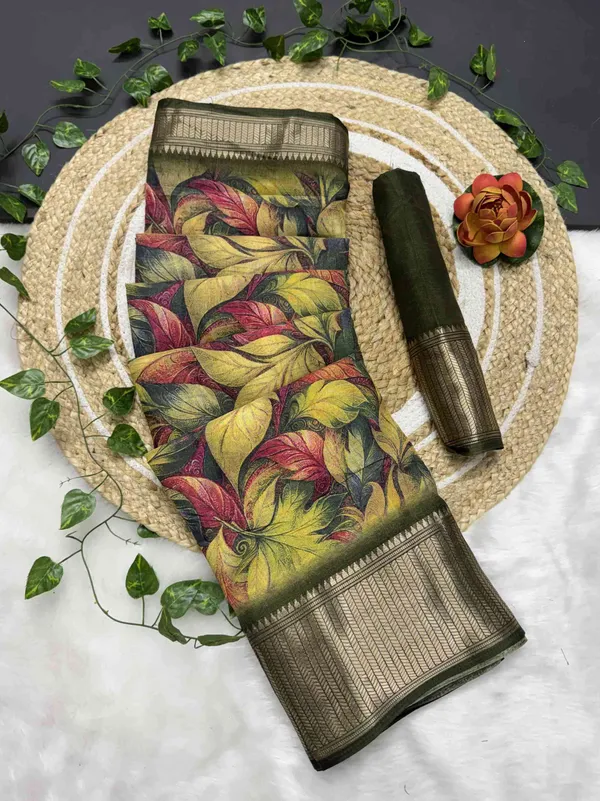 Olive_Floral_Print_Bollywood_Art_Silk,_Silk_Blend_Saree