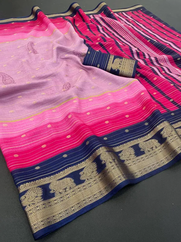Pink_And_Navy_Blue_Printed_Ikkat_Jacquard,_Silk_Blend_Saree