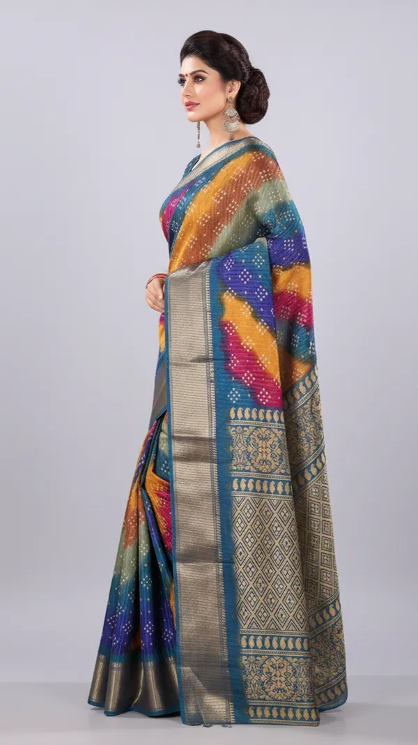 Blue_Woven,_Striped_Bandhani_Silk_Blend,_Art_Silk_Saree