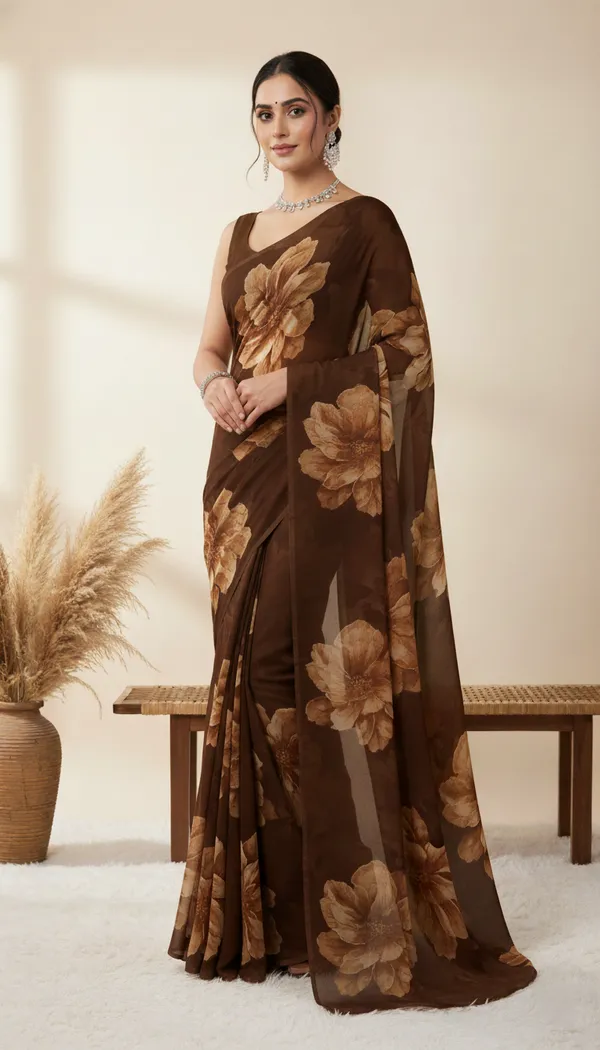 Brown_Floral_Print_Daily_Wear_Georgette_Saree