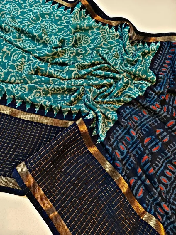 Blue_Woven,_Checkered_Mysore_Silk_Blend,_Jacquard_Saree