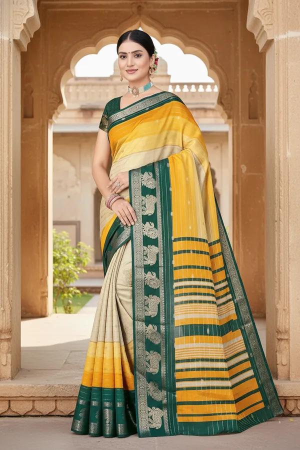 Yellow_And_Green_Printed_Ikkat_Jacquard,_Silk_Blend_Saree