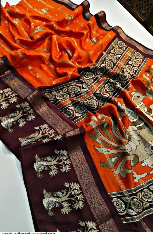 Orange_And_Brown_Printed_Mysore_Silk_Blend,_Jacquard_Saree