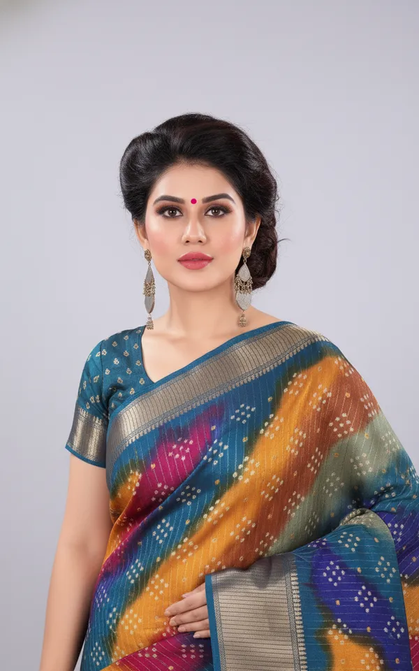 Blue_Woven,_Striped_Bandhani_Silk_Blend,_Art_Silk_Saree