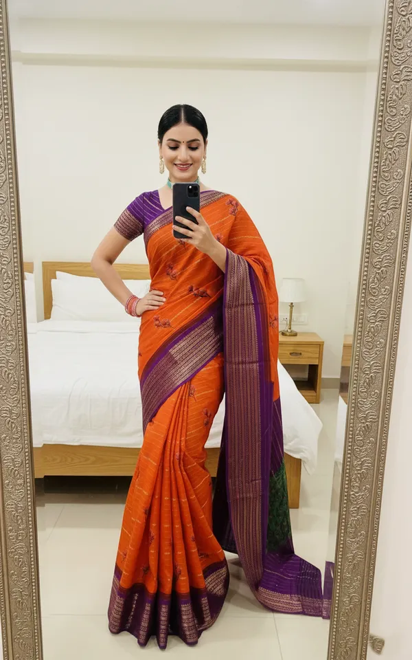 Orange_And_Purple_Woven_Mysore_Silk_Blend_Saree