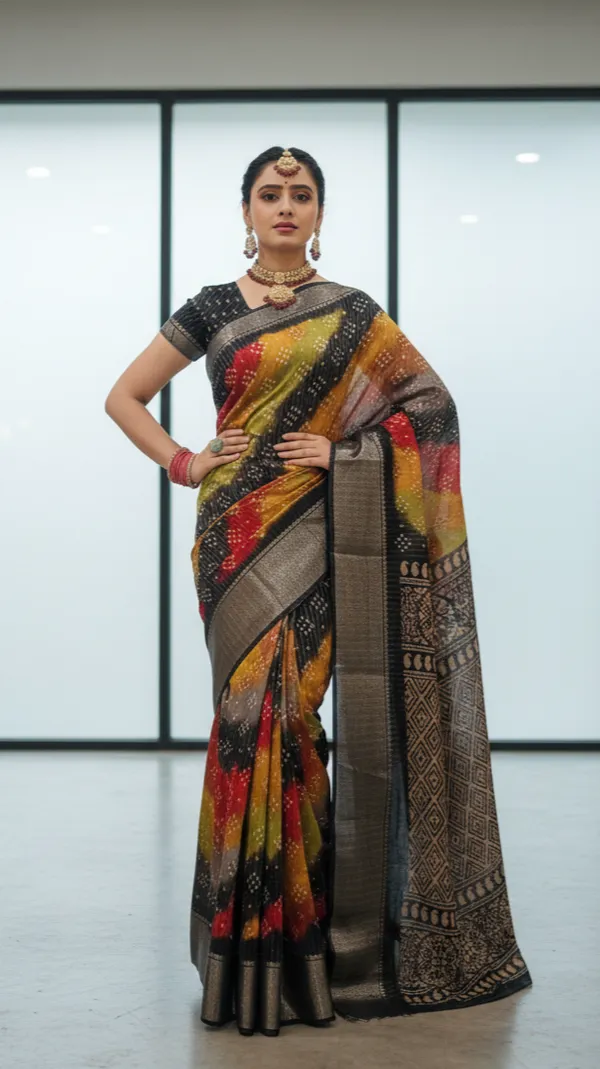 Black_Woven,_Striped_Bandhani_Silk_Blend,_Art_Silk_Saree