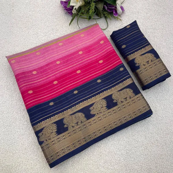 Pink_And_Navy_Blue_Printed_Ikkat_Jacquard,_Silk_Blend_Saree