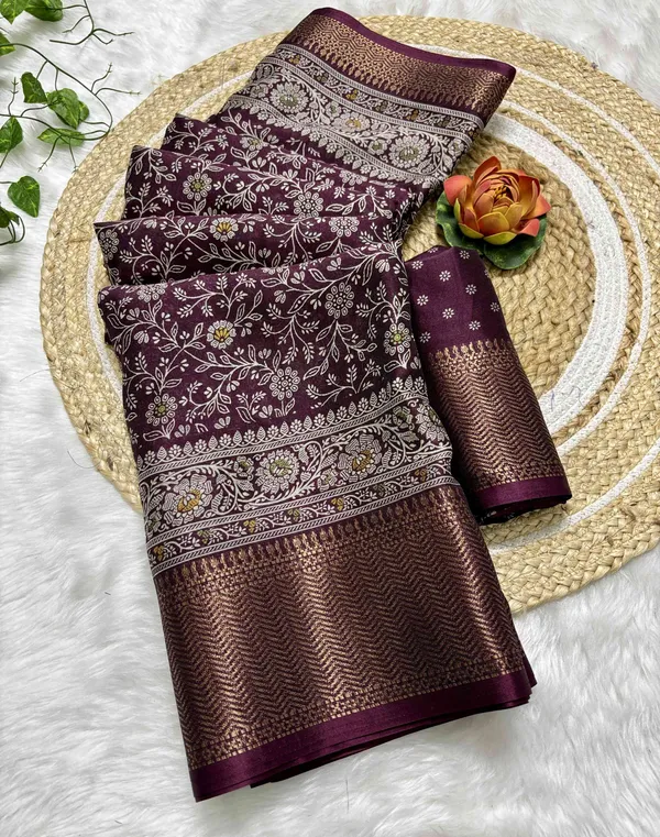 Maroon_Floral_Print,_Woven_Kalamkari_Silk_Blend_Saree