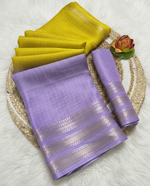 Lavender_And_Yellow_Woven,_Checkered_Mysore_Silk_Blend,_Jacquard_Saree