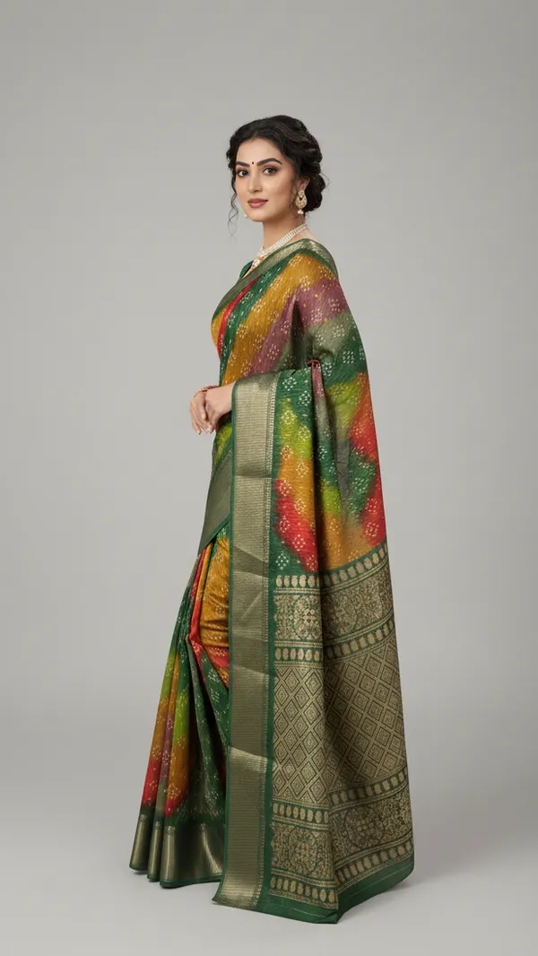 Green_Woven,_Striped_Bandhani_Silk_Blend,_Art_Silk_Saree