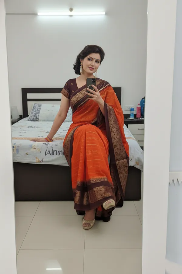 Orange_And_Brown_Printed_Bollywood_Georgette_Saree