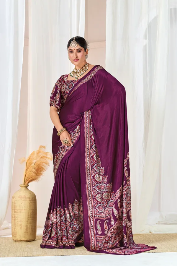 Wine_Woven_Bollywood_Satin_Saree