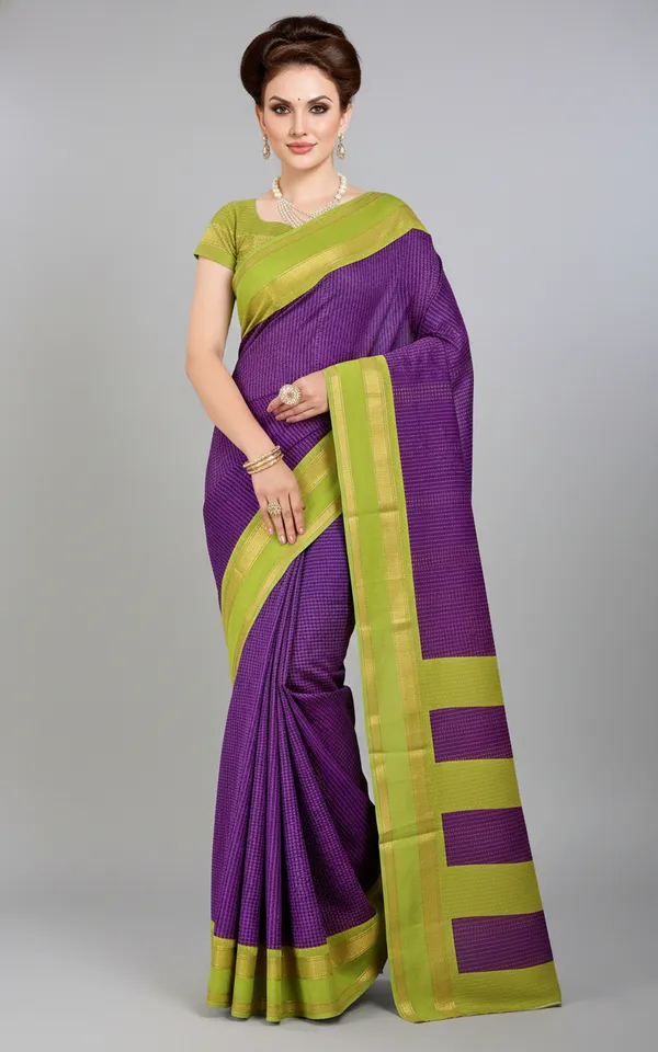 Purple_And_Green_Woven,_Checkered_Mysore_Silk_Blend,_Jacquard_Saree