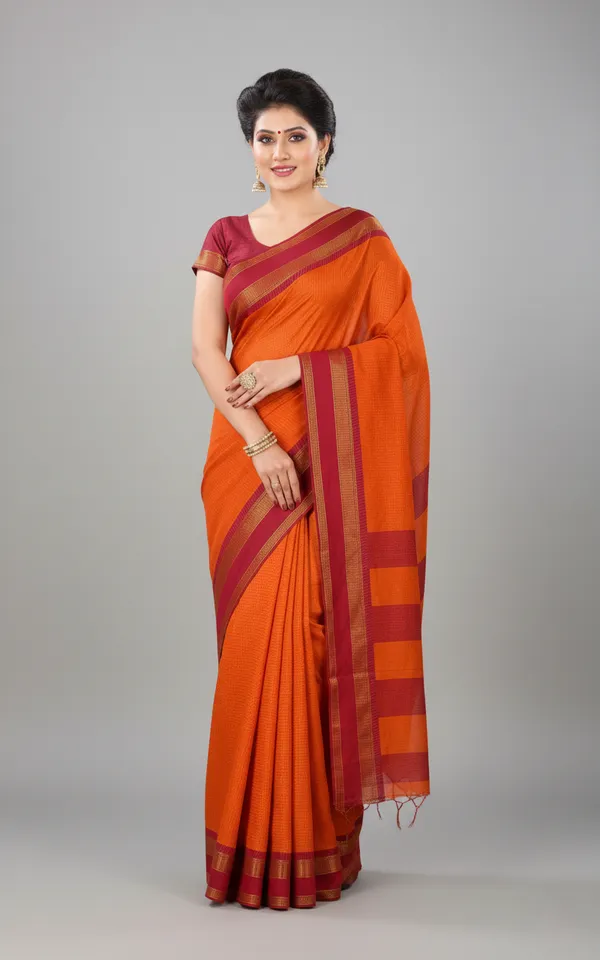 Orange_And_Maroon_Woven,_Checkered_Mysore_Silk_Blend,_Jacquard_Saree