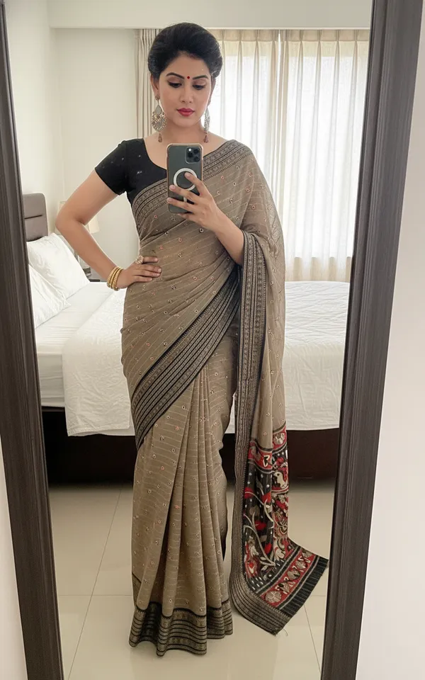 Brown_Woven,_Printed_Bandhani_Jacquard,_Silk_Blend_Saree