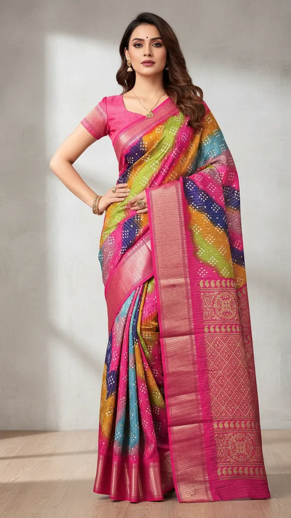 Pink_Woven,_Striped_Bandhani_Silk_Blend,_Art_Silk_Saree