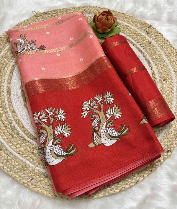 Peach_And_Red_Printed_Mysore_Silk_Blend,_Jacquard_Saree