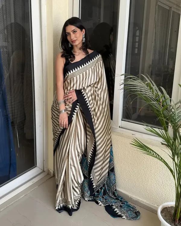 Cream_And_Black_Striped_Bollywood_Satin_Saree