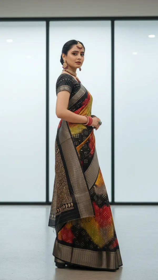 Black_Woven,_Striped_Bandhani_Silk_Blend,_Art_Silk_Saree