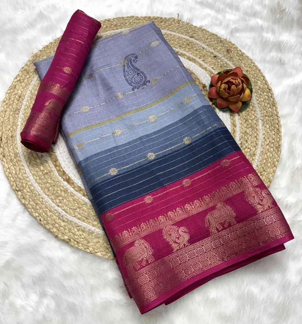 Grey_And_Red_Printed_Ikkat_Jacquard,_Silk_Blend_Saree