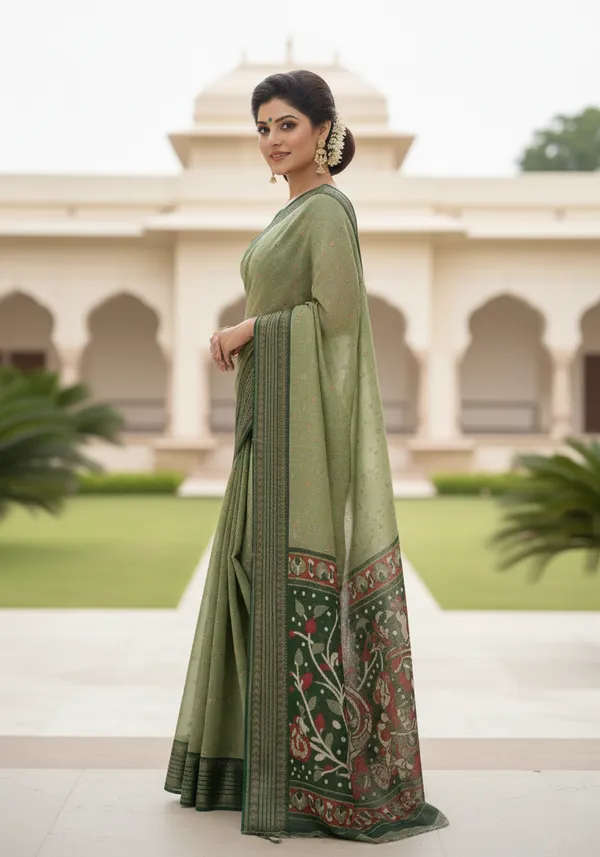 Green_Woven,_Printed_Bandhani_Jacquard,_Silk_Blend_Saree