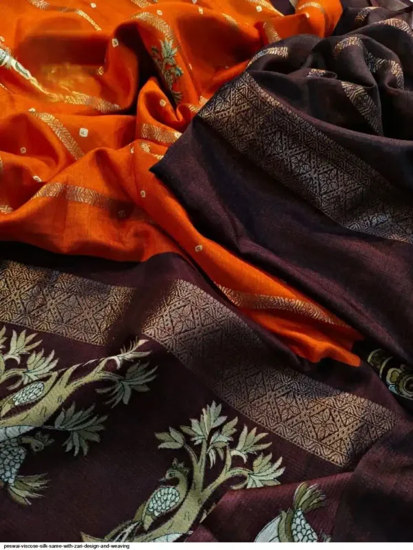 Orange_And_Brown_Printed_Mysore_Silk_Blend,_Jacquard_Saree