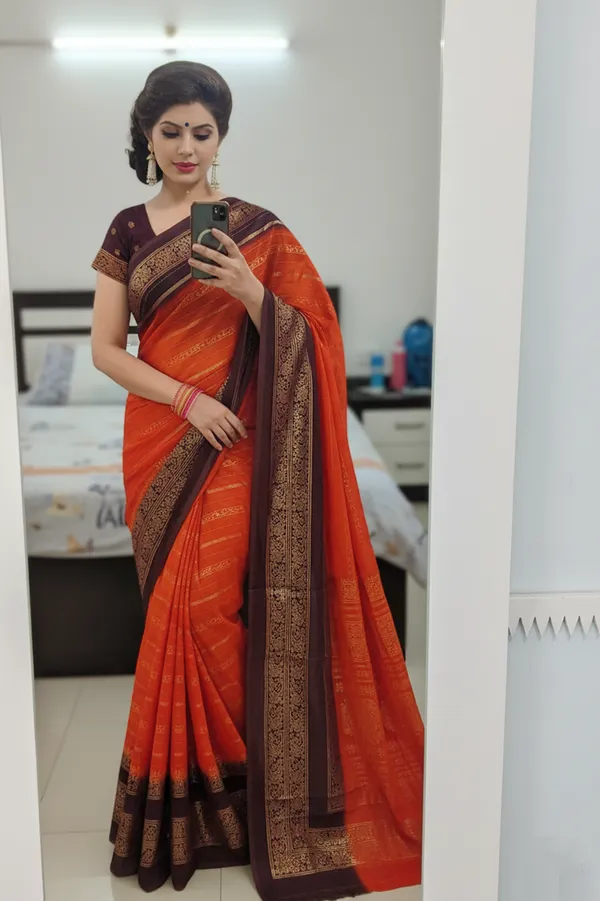 Orange_And_Brown_Printed_Bollywood_Georgette_Saree