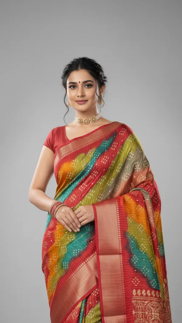 Red_Woven,_Striped_Bandhani_Silk_Blend,_Art_Silk_Saree