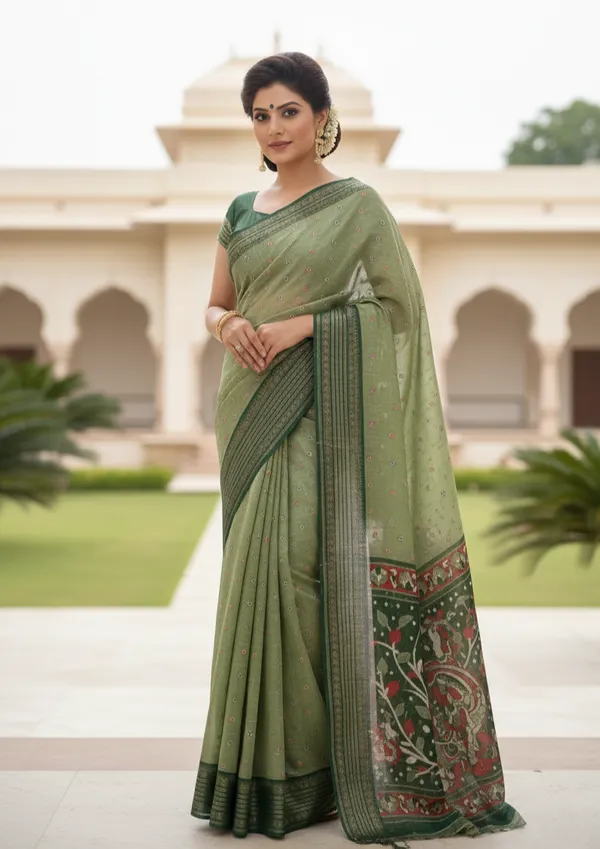 Green_Woven,_Printed_Bandhani_Jacquard,_Silk_Blend_Saree