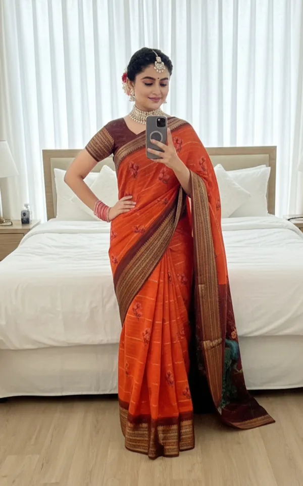 Orange_And_Brown_Woven_Mysore_Silk_Blend_Saree