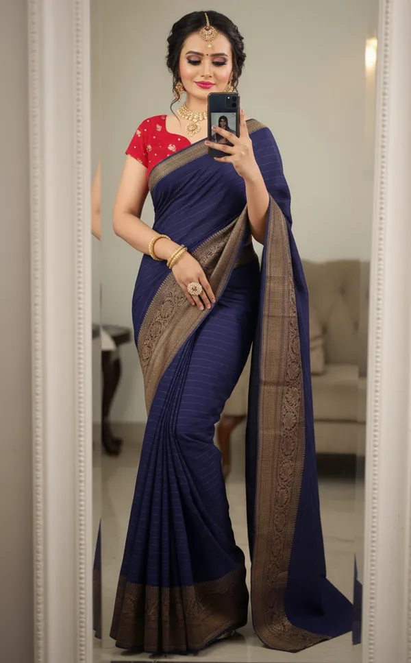Navy_Blue_Woven,_Self_Design_Mysore_Jacquard,_Silk_Blend_Saree