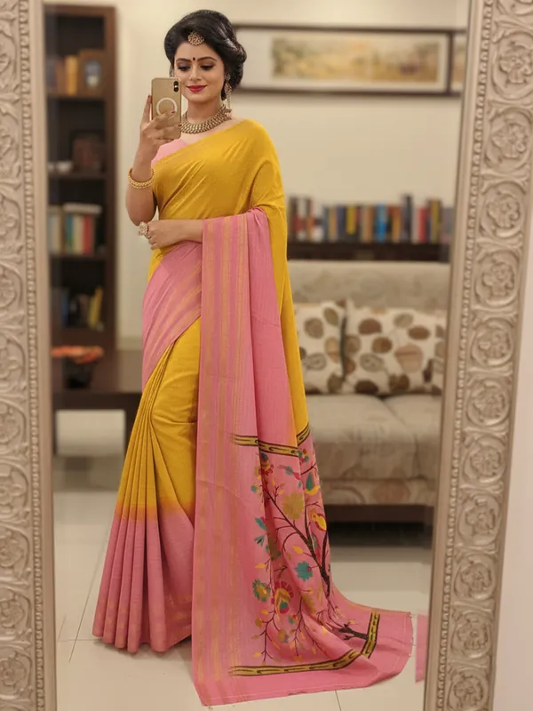 Pink_And_Yellow_Woven,_Checkered_Mysore_Silk_Blend,_Jacquard_Saree