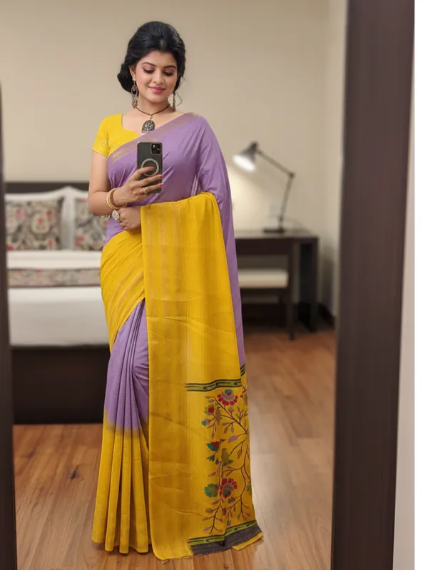 Yellow_And_Lavender_Woven,_Checkered_Mysore_Silk_Blend,_Jacquard_Saree