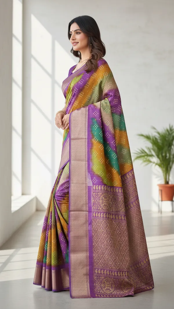 Purple_Woven,_Striped_Bandhani_Silk_Blend,_Art_Silk_Saree