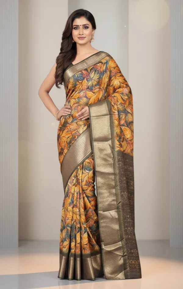 Mustard_Floral_Print_Bollywood_Art_Silk,_Silk_Blend_Saree