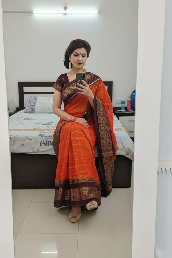 Orange_And_Brown_Printed_Bollywood_Georgette_Saree