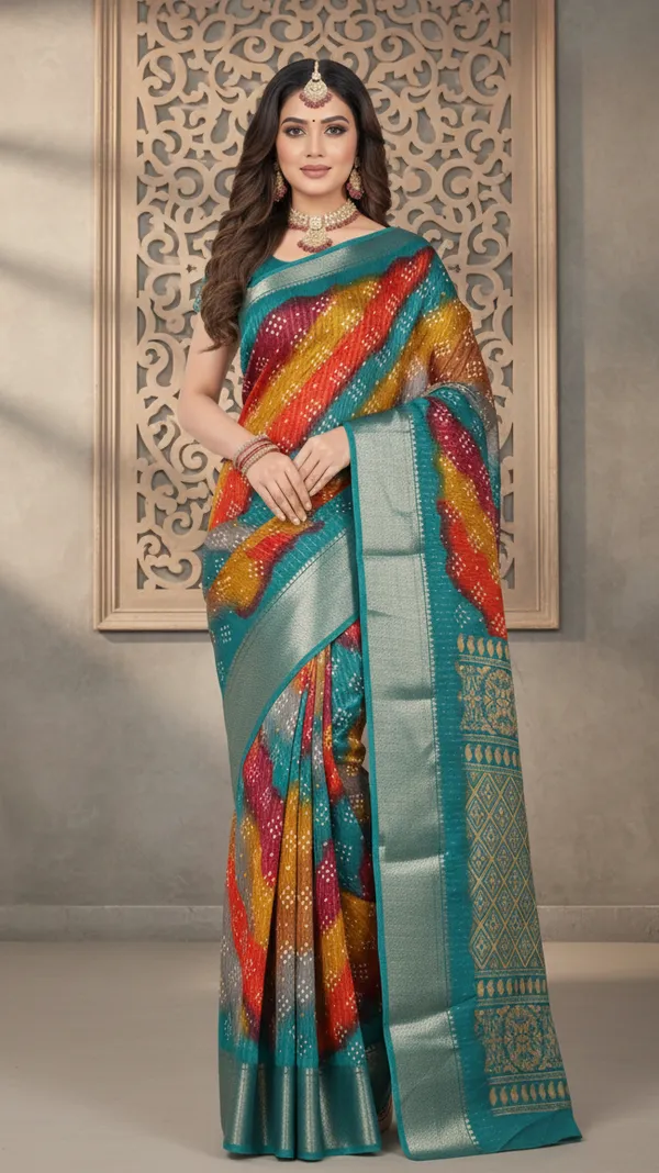 Teal_Woven,_Striped_Bandhani_Silk_Blend,_Art_Silk_Saree