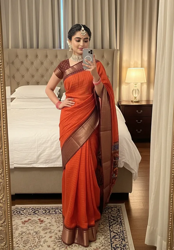 Orange_Woven,_Checkered_Mysore_Silk_Blend,_Art_Silk_Saree