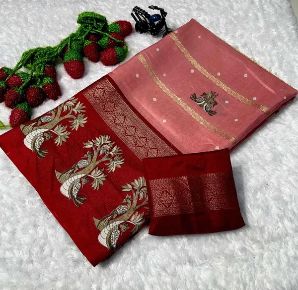 Peach_And_Red_Printed_Mysore_Silk_Blend,_Jacquard_Saree