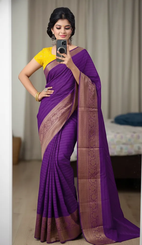 Purple_Woven,_Self_Design_Mysore_Jacquard,_Silk_Blend_Saree