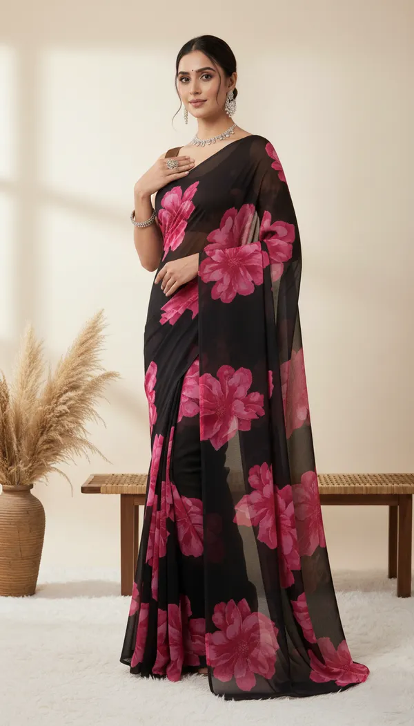 Black_Floral_Print_Daily_Wear_Georgette_Saree