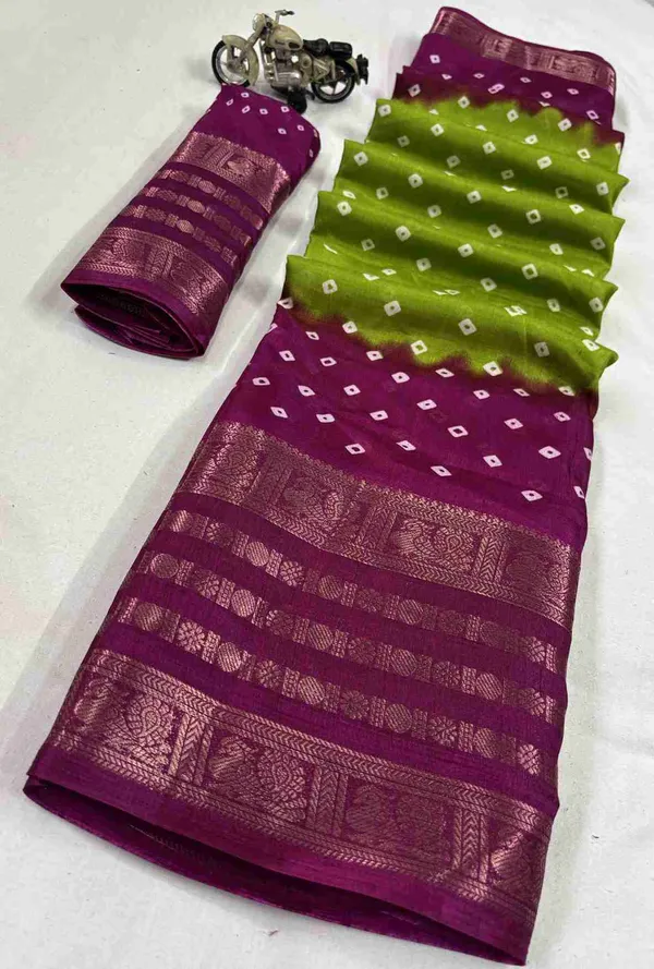 Light_Green_And_Pink_Printed_Bandhani_Jacquard,_Silk_Blend_Saree