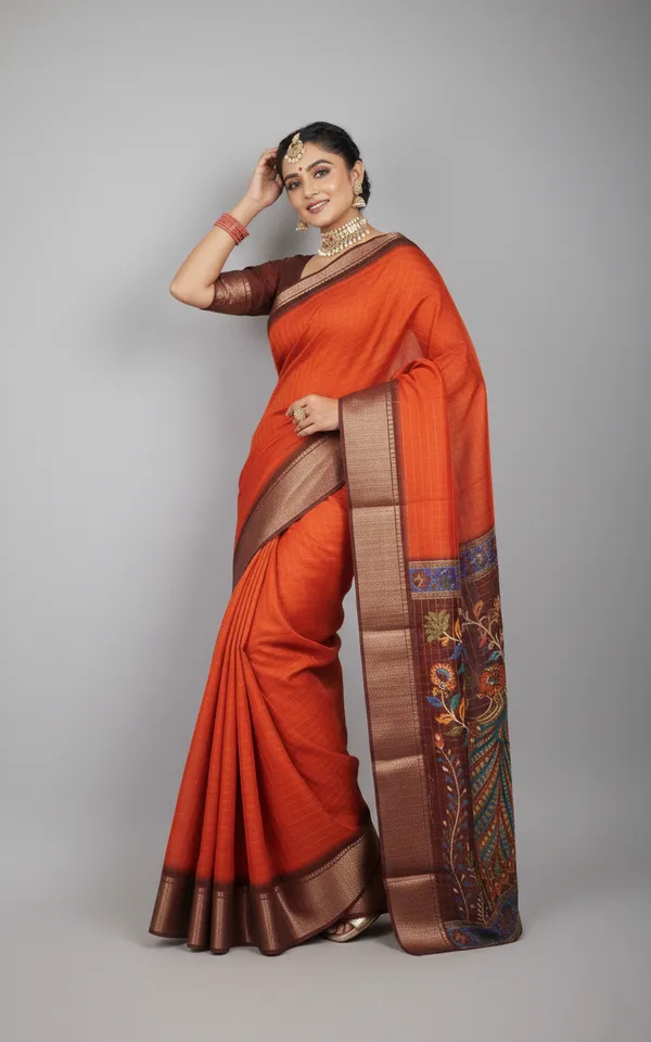 Orange_Woven,_Checkered_Mysore_Silk_Blend,_Art_Silk_Saree
