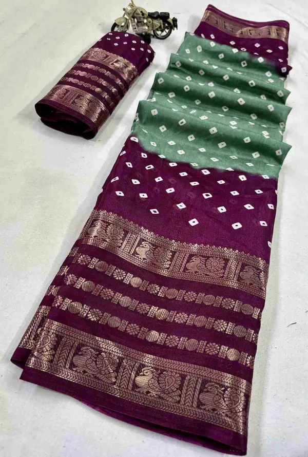 Teal_And_Maroon_Printed_Bandhani_Jacquard,_Silk_Blend_Saree