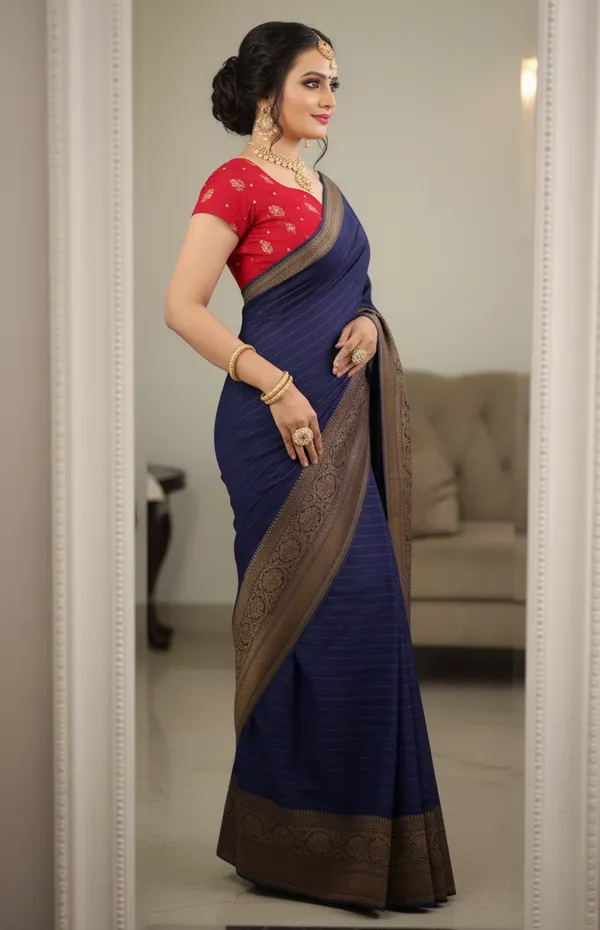 Navy_Blue_Woven,_Self_Design_Mysore_Jacquard,_Silk_Blend_Saree