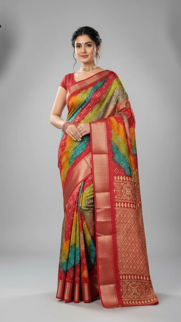 Red_Woven,_Striped_Bandhani_Silk_Blend,_Art_Silk_Saree