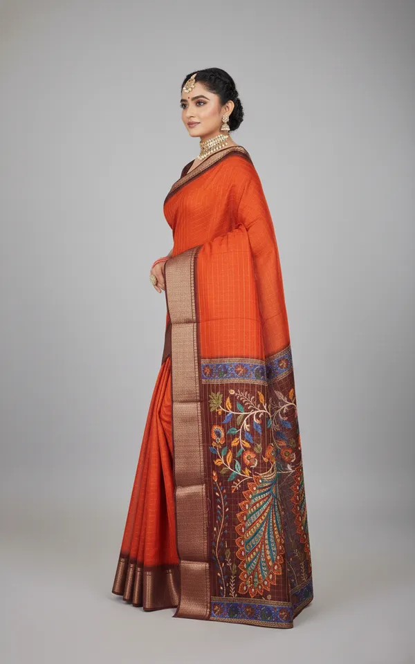 Orange_Woven,_Checkered_Mysore_Silk_Blend,_Art_Silk_Saree