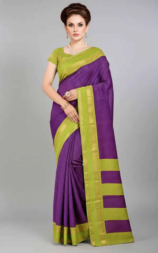 Purple_And_Green_Woven,_Checkered_Mysore_Silk_Blend,_Jacquard_Saree