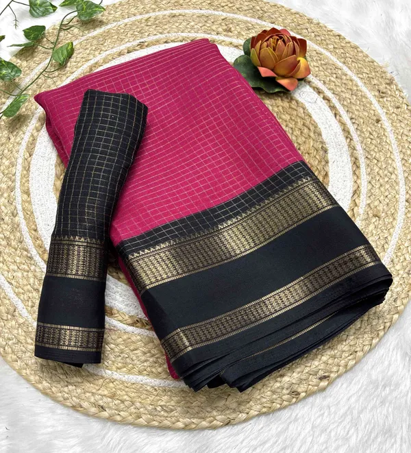 Pink_And_Black_Woven,_Checkered_Mysore_Silk_Blend,_Jacquard_Saree