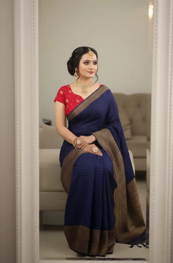 Navy_Blue_Woven,_Self_Design_Mysore_Jacquard,_Silk_Blend_Saree
